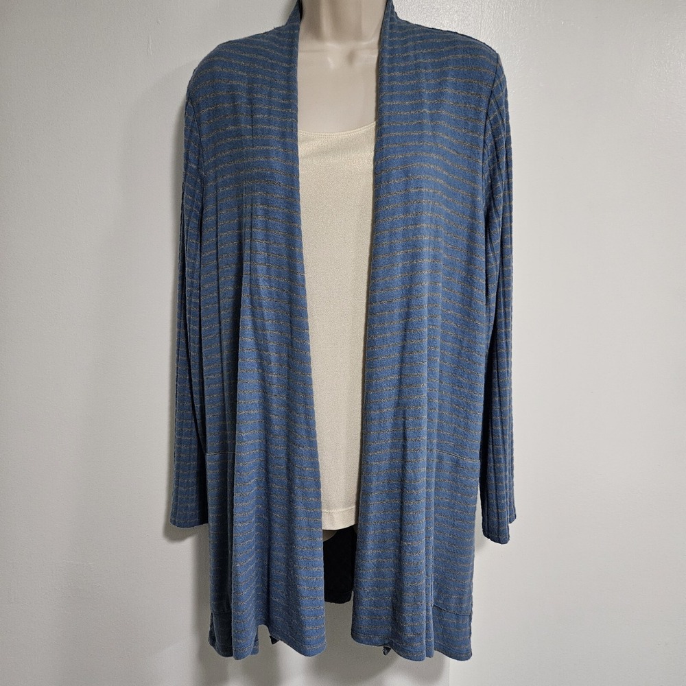 Chico's 1 (M)‎ Heathered Blue Rayon Blend Open Front Cardigan Sweater w Pockets